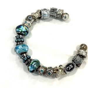 Silver‎ Tone Charm Bracelet Blue Art Glass Cuff Rhinestones Love